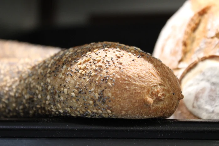 Ein längliches Brot mit vielen Körnern in einer Auslage.