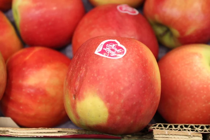 Nahaufnahme von roten und gelben Äpfeln in einer Obstkiste.